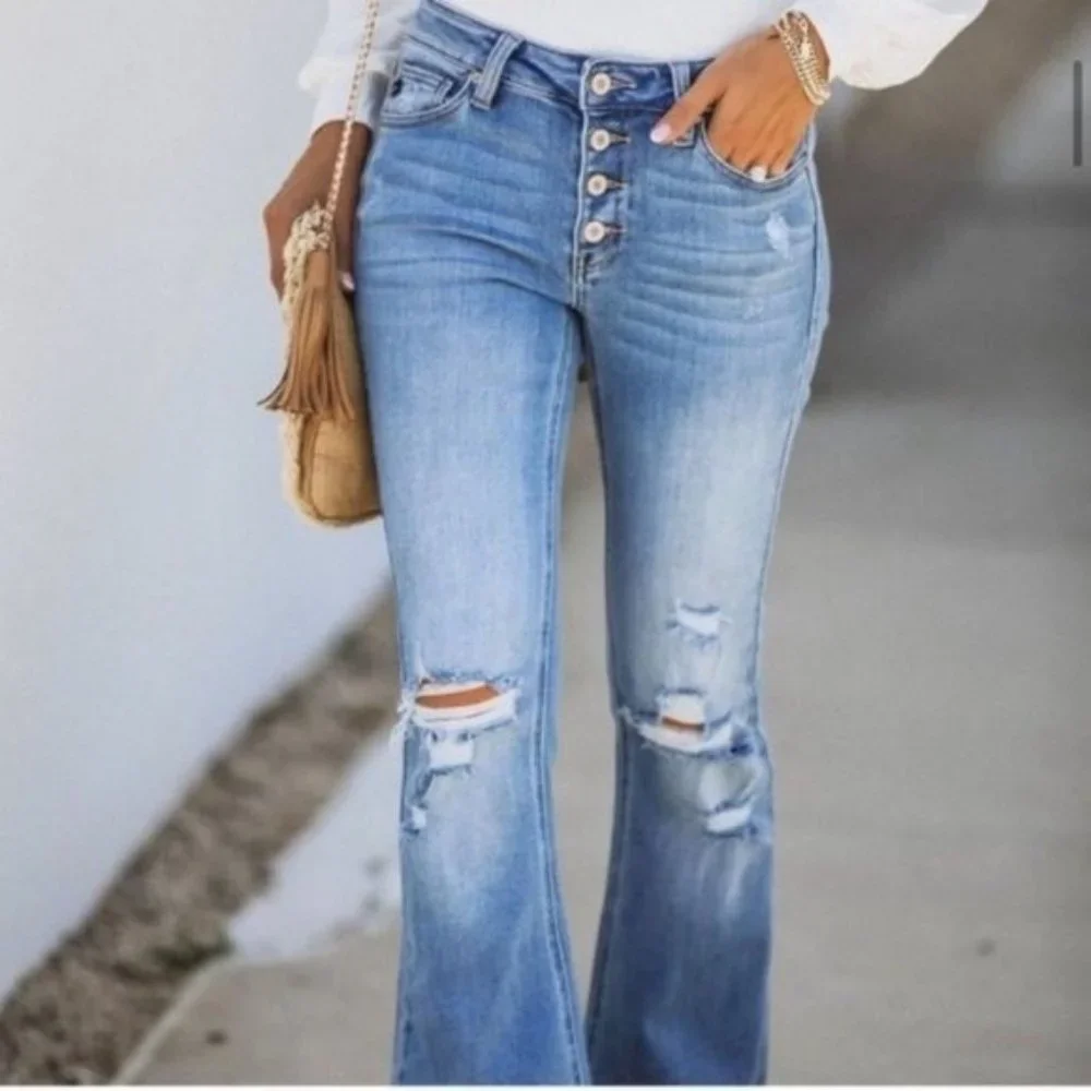 New Kan Can Distressed Button Fly Flare Leg Jeans - Picture 6 of 16